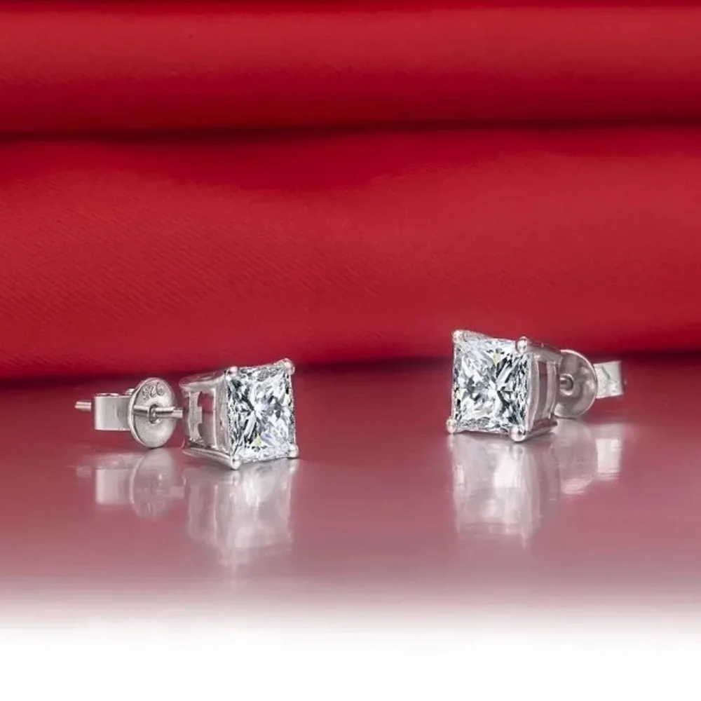 4-7mm Square Cut VVS Diamond 925 Silver Pin Studs